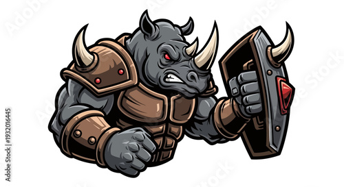 A fierce rhino warrior in armor, holding a shield, gritting teeth, ready for battle