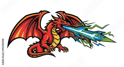 Red dragon graphic with detailed scales and wings, breathing energy