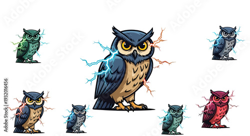 Cartoon owls with stylized lightning bolts erupting from bodies. Various colors and poses