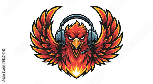 Fiery bird with wings and headphones. Bold design with burning look, ready to communicate