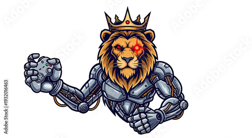 A lion king in a crown with robotic body and a gamepad, single glowing red eye