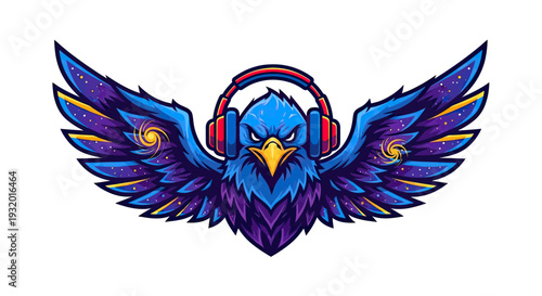 A stylized blue bird with galaxy wings and headphones, vibrant and dynamic