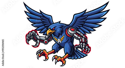 A robotic eagle with blue feathers, red eyes, and metal arms poses with wings spread