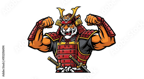 A cartoon tiger in samurai armor flexing. Features swords, fierce expression and detailed design