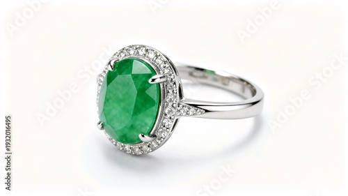 Wallpaper Mural Elegant silver ring featuring a large oval green emerald gemstone surrounded by a diamond halo on a white background. Torontodigital.ca