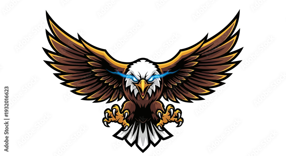 Naklejka premium A dynamic illustration of an eagle with electric blue eyes and wings spread wide