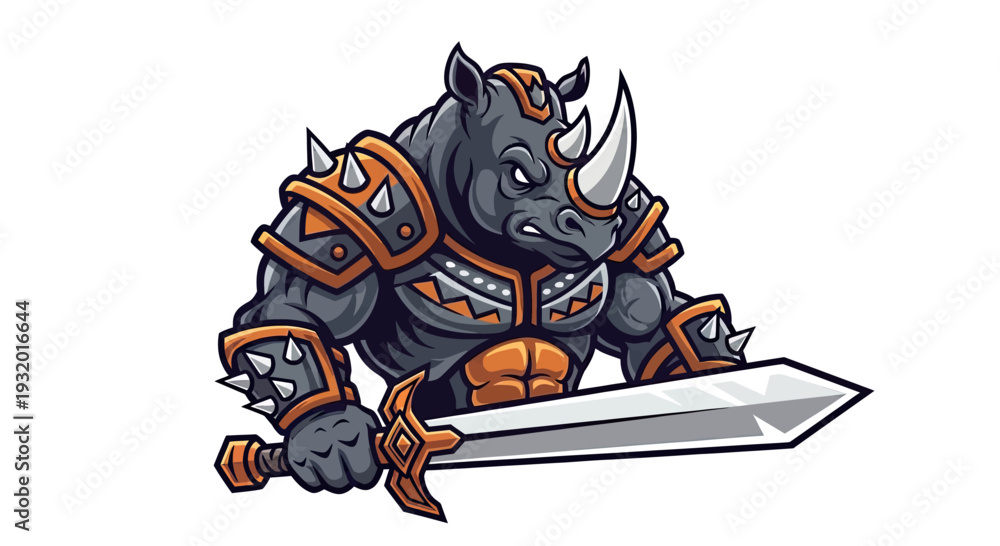 Fototapeta premium A muscular rhino in armor wielding a sword, fierce expression, ready for battle