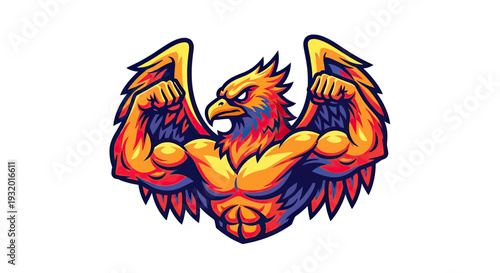 A muscular phoenix rises with fiery wings and a stern look. Bold colors on a white background