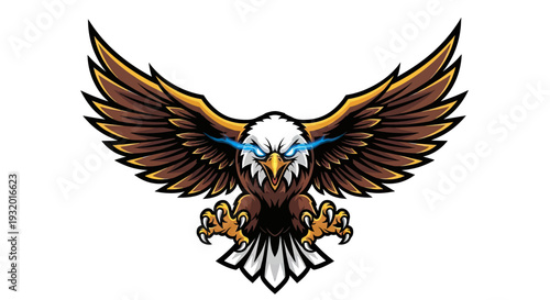 A dynamic illustration of an eagle with electric blue eyes and wings spread wide