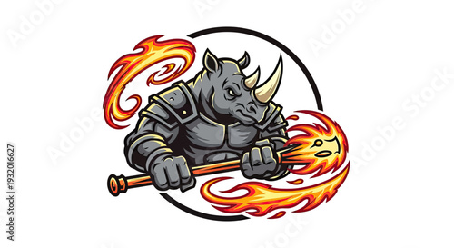 A rhinoceros in armor wielding a fiery weapon within a black circle