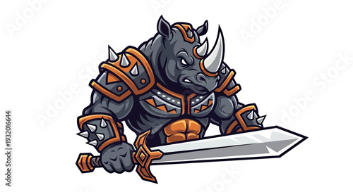 A muscular rhino in armor wielding a sword, fierce expression, ready for battle