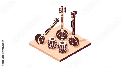 Isometric indian classical musical instruments set featuring sitar tabla tanpura