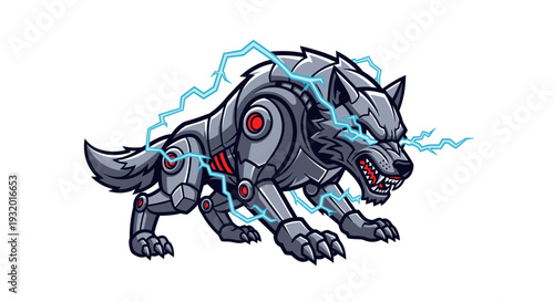 A robotic wolf, snarling with electrified blue lightning coursing through its metallic body