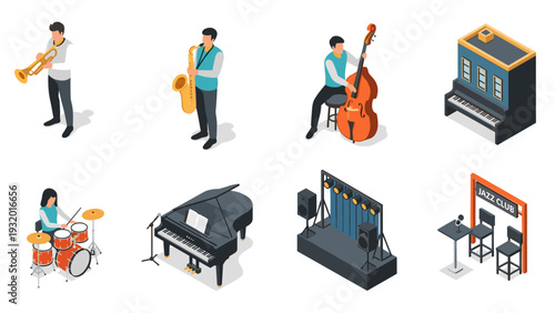 Isometric jazz band and music venue elements for design projects
