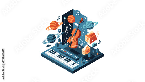 Music universe: isometric design with planets and instruments