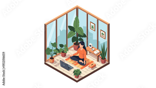 Peaceful meditation in modern home office with indoor plants and natural light