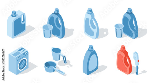 Isometric cleaning icons set: detergents, measuring cups, and washing machine essentials