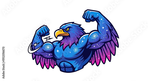 Strong eagle with galaxy-themed arms flexing, illustration on white background