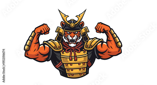 Fierce tiger samurai flexing muscles, wearing armor and helmet, with angry expression