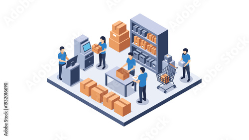 Warehouse team organizing parcels in modern isometric style