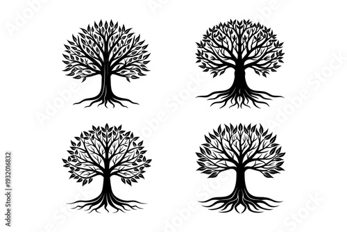 Four tree silhouettes with roots and leaves