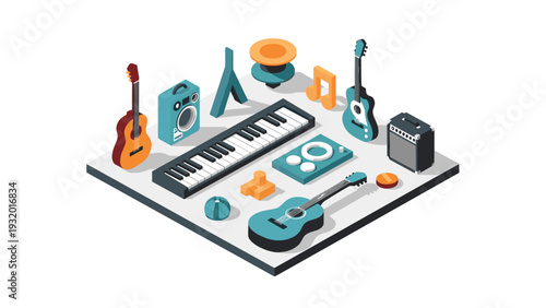 Isometric music set with instruments and audio equipment on white background