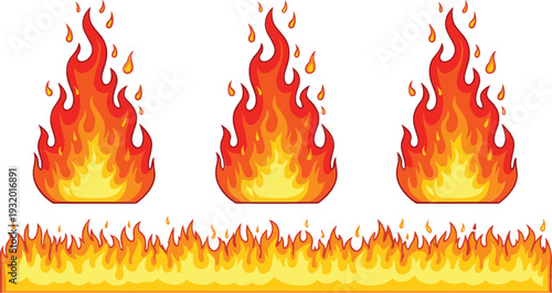 Fire flame illustration set featuring burning flames, fire border and heat effects, cartoon fire elements flat vector collection isolated on white background