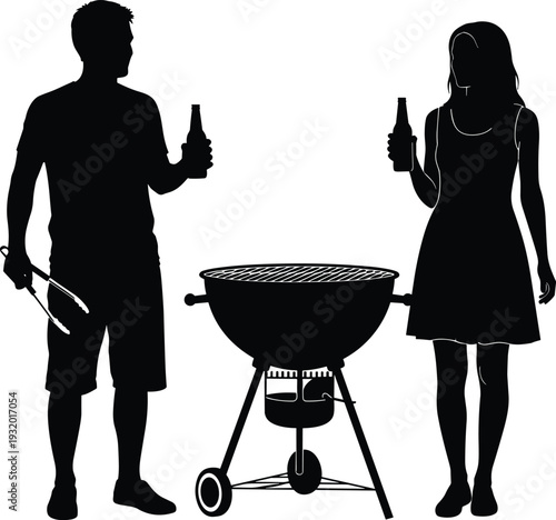 Black silhouette vector illustration of people grilling, outdoor barbecue scene, casual social gathering, summer cookout, leisure activity, food, drink, party icons