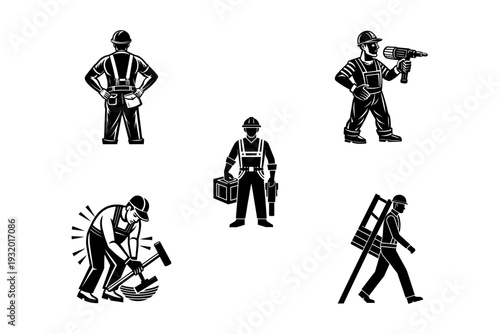 Black and white illustrations of construction workers