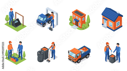Isometric city cleanup and waste management scenes with workers and vehicles