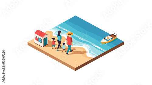 Isometric beach scene with family strolling near ocean and boat