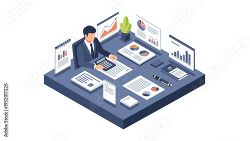 Businessman analyzing financial data at desk with charts and graphs in isometric style