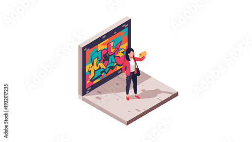 Urban graffiti art scene with stylish girl in isometric design
