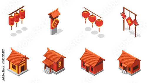 Isometric traditional chinese architecture and lanterns collection