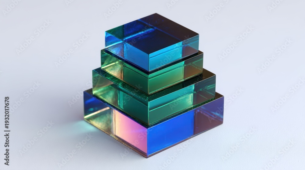 Obraz premium Geometric Glass Cubes Stacked with Iridescent Colors and Reflected Light