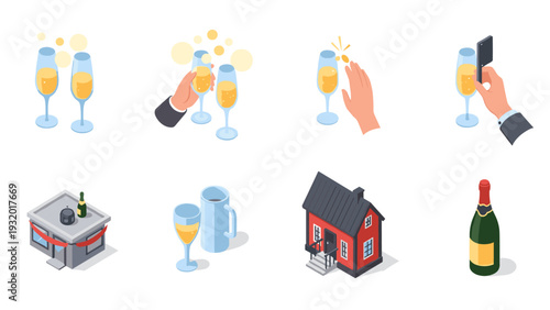 Celebration icons: glasses, toasts, and champagne in isometric style