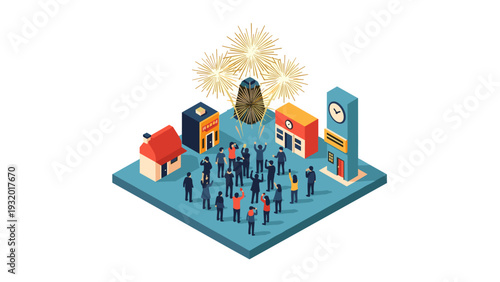 Celebration crowd in isometric town square with fireworks and clock tower