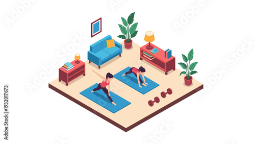 Home workout scene with women practicing yoga in isometric living room setting