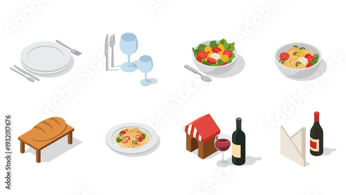 Isometric dining elements: pasta, wine, salad, and tableware icons