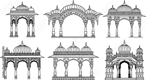 A collection of six detailed architectural drawings features traditional Indian structures and gazebos. 