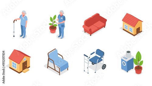 Isometric senior care and home elements set with elderly figures, wheelchair, and house