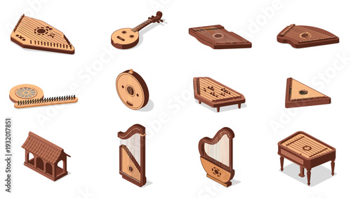 Isometric musical instrument set featuring traditional string instruments