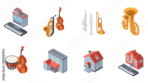 Isometric musical instruments and buildings collection