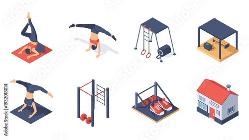 Isometric fitness routine and equipment set with yoga poses and gym gear