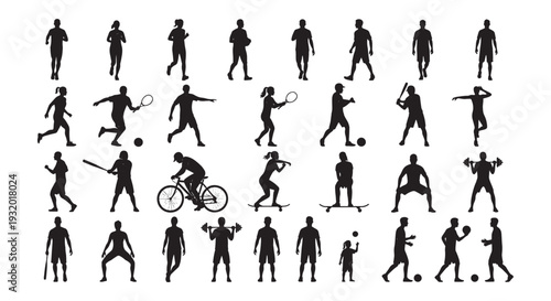  Sports Athletes Silhouette Set, Men Women Running Soccer Tennis Baseball Cycling Skateboard Fitness