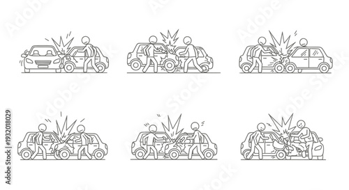 Stick figures show multiple car crash accident scenarios.