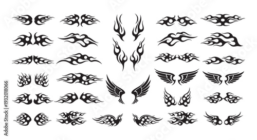Tribal Flame Tattoo Vector Set, Black Fire Wings and Symmetric Hot Rod Graphics Collection