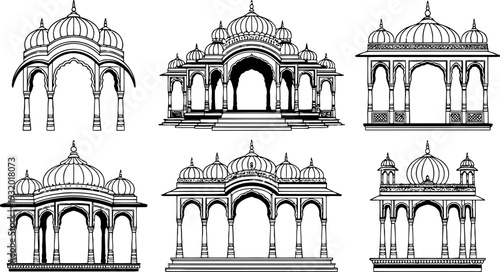 A collection of six detailed architectural drawings features traditional Indian structures and gazebos. These intricate designs showcase domes, pillars, and archways typical of historical palace court