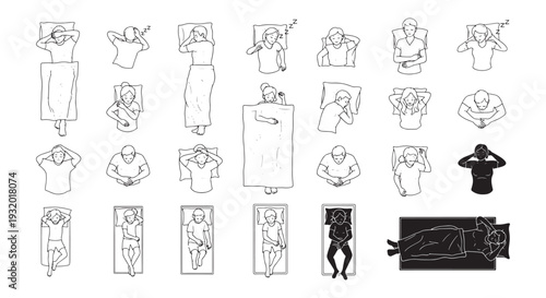 Sleeping People Top View Line Art Set, Men Women Kids Bed Pillow Blanket Sleep Poses Outline Vector