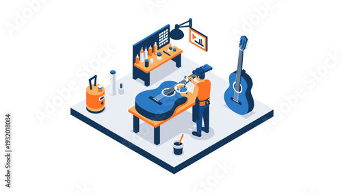 Isometric workshop scene: craftsman building acoustic guitar with precision tools
